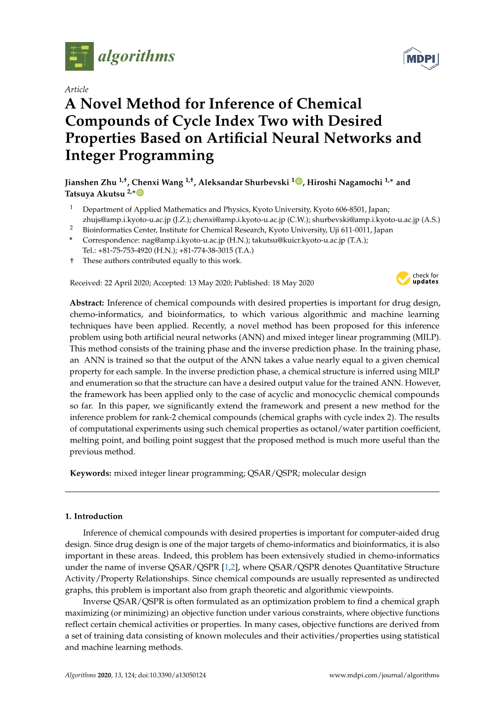 A Novel Method for Inference of Chemical Compounds of Cycle Index Two with Desired Properties Based on Artiﬁcial Neural Networks and Integer Programming