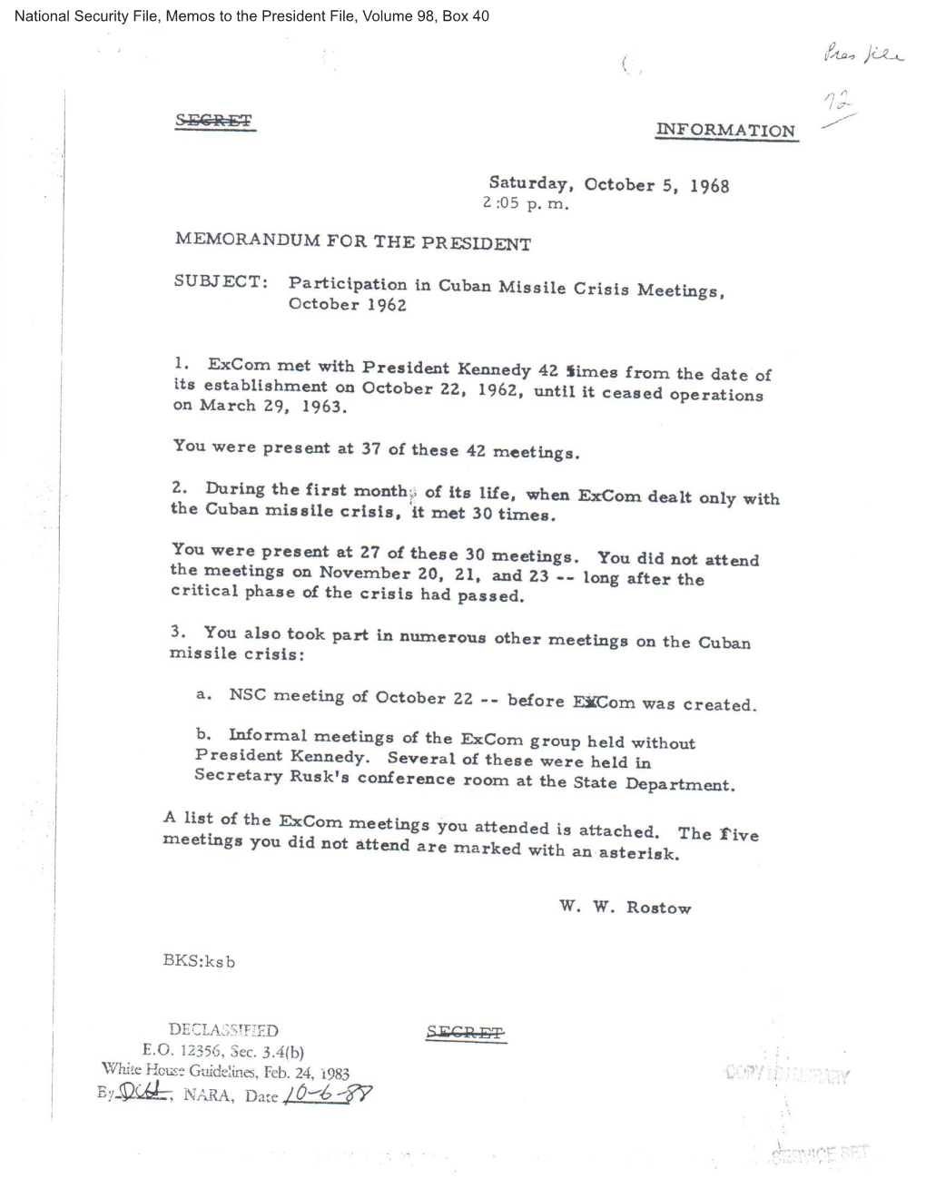 Participation in Cuban Missile Crisis Meetings, October 1962