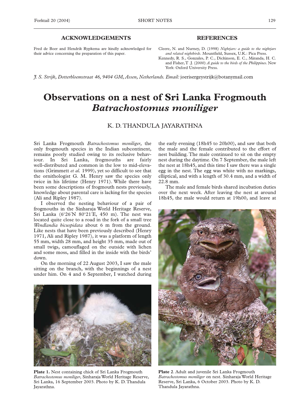 Observations on a Nest of Sri Lanka Frogmouth Batrachostomus Moniliger