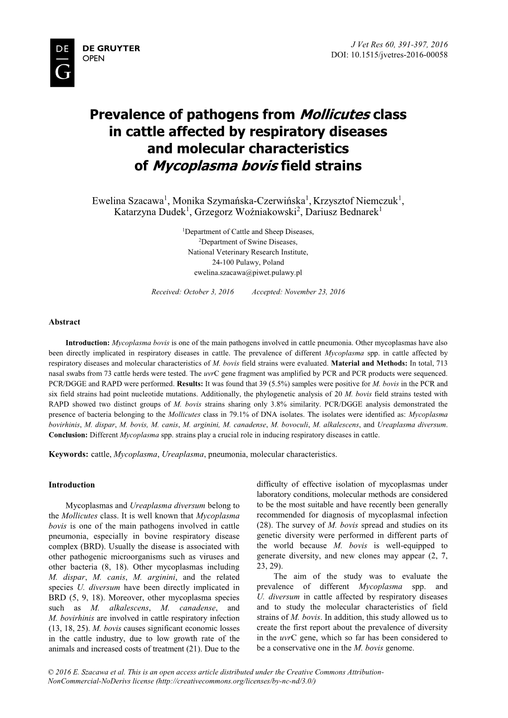 Of Mycoplasma Bovis Field Strains