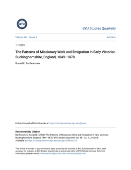 The Patterns of Missionary Work and Emigration in Early Victorian Buckinghamshire, England, 1849–1878