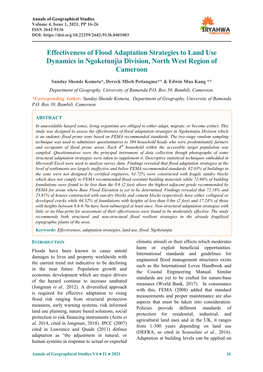 Effectiveness of Flood Adaptation Strategies to Land Use Dynamics in Ngoketunjia Division, North West Region of Cameroon