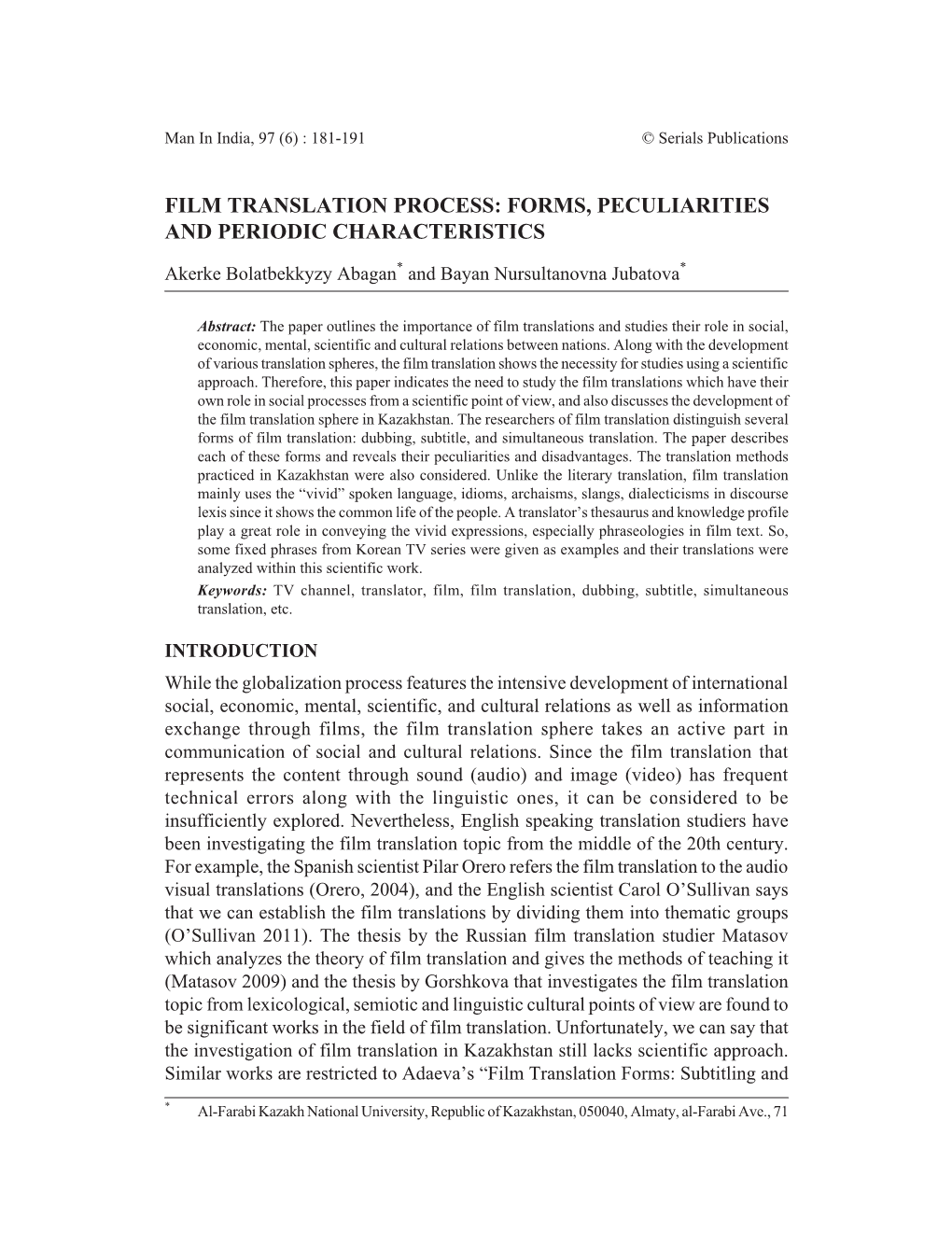 Film Translation Process: Forms, Peculiarities and Periodic Characteristics