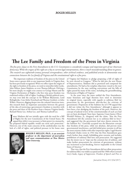 The Lee Family and Freedom of the Press in Virginia the Free Press Clause in the First Amendment to the U.S