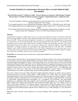 Arsenic-Sensitivity in Anadenanthera Peregrina Due to Arsenic-Induced Lipid Peroxidation