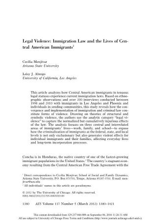 Legal Violence: Immigration Law and the Lives of Cen- Tral American Immigrants1