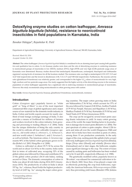 Detoxifying Enzyme Studies on Cotton Leafhopper, Amrasca Biguttula Biguttula (Ishida), Resistance to Neonicotinoid Insecticides