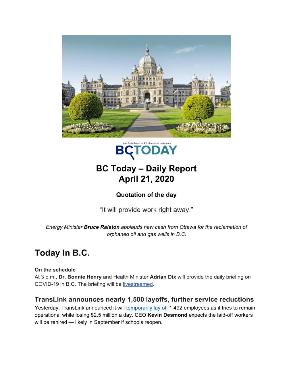 BC Today – Daily Report April 21, 2020