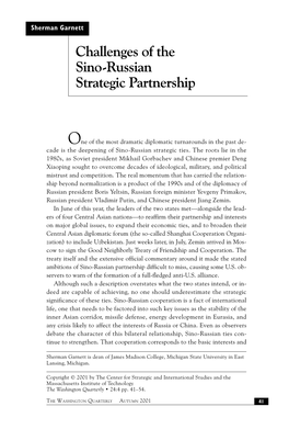 Challenges of the Sino-Russian Strategic Partnership