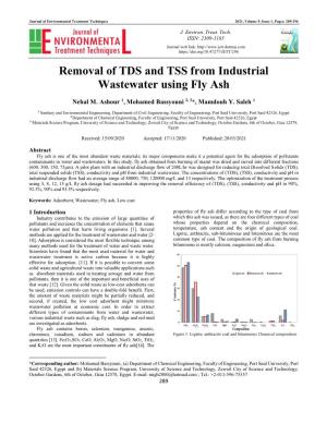 Removal of TDS and TSS from Industrial Wastewater Using Fly