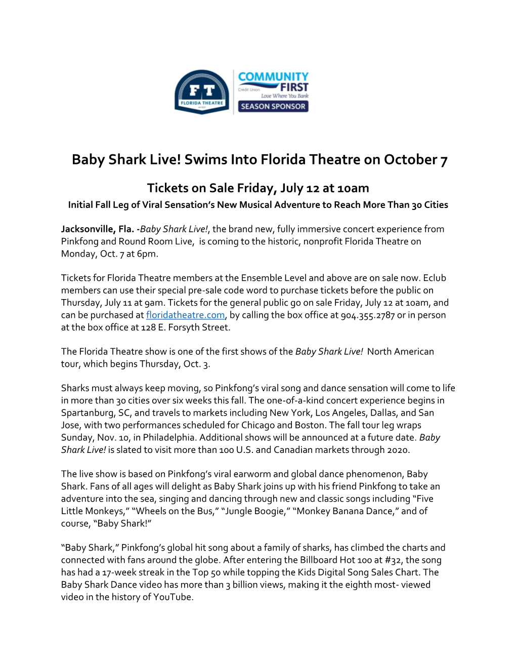 Baby Shark Live! Swims Into Florida Theatre on October 7