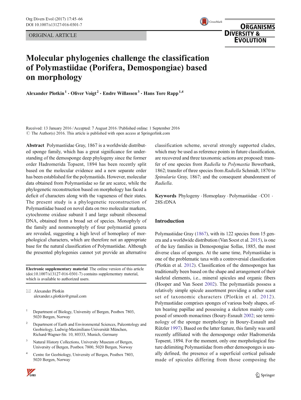 Molecular Phylogenies Challenge the Classification of Polymastiidae (Porifera, Demospongiae) Based on Morphology