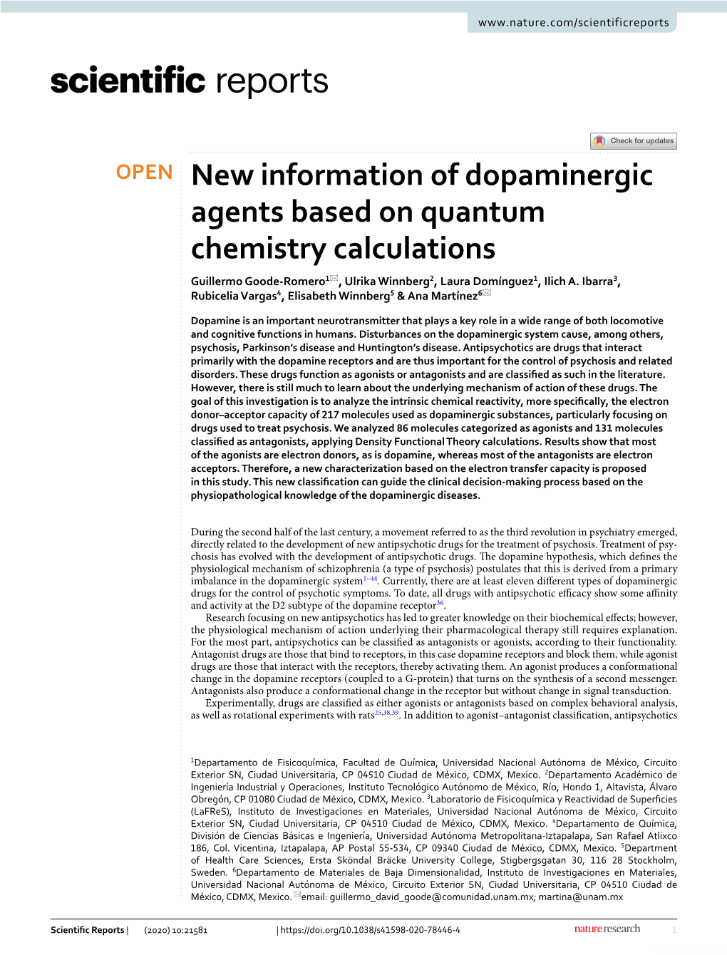 New Information of Dopaminergic Agents Based on Quantum Chemistry Calculations Guillermo Goode‑Romero1*, Ulrika Winnberg2, Laura Domínguez1, Ilich A