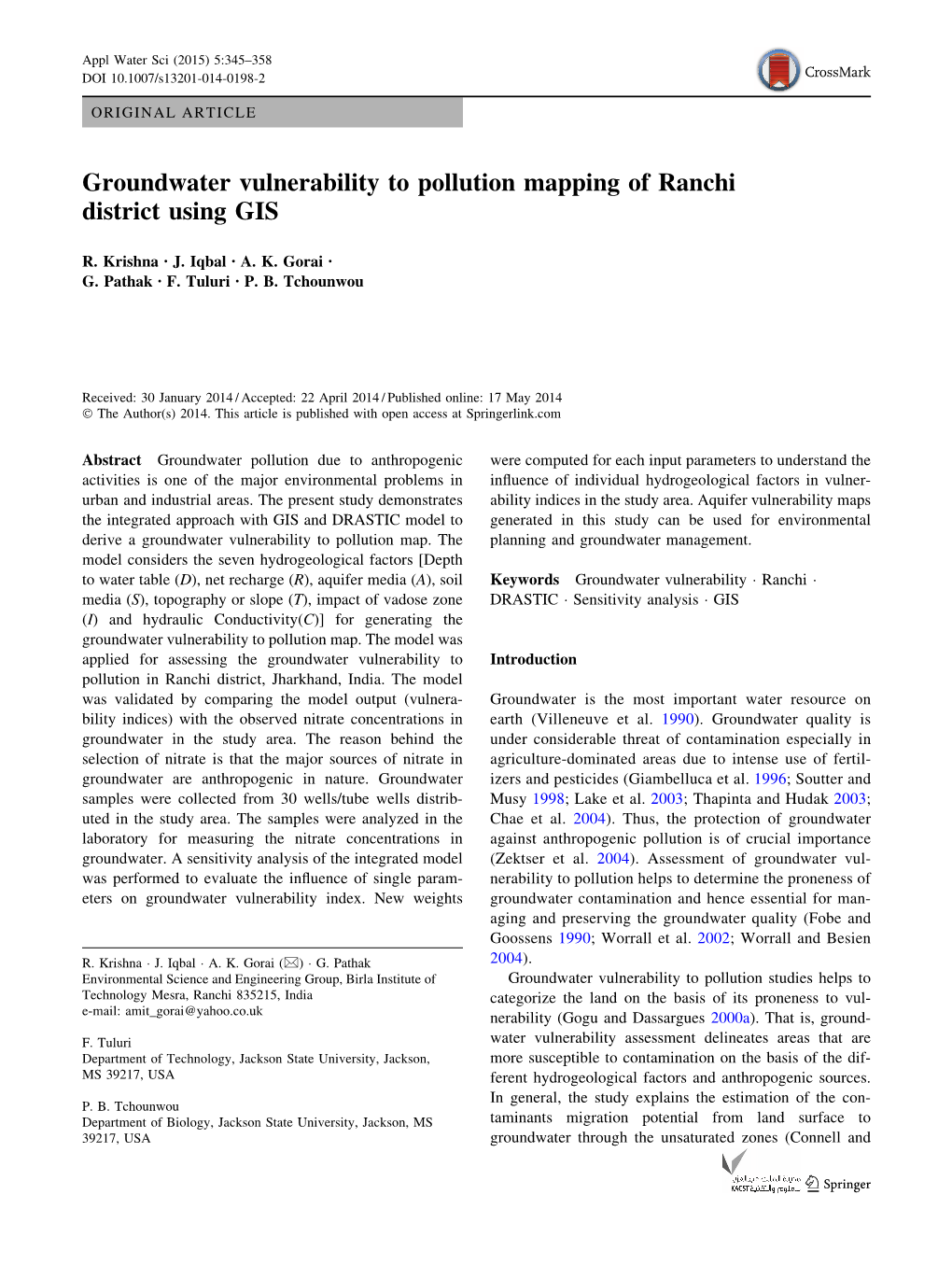 Groundwater Vulnerability to Pollution Mapping of Ranchi District Using GIS