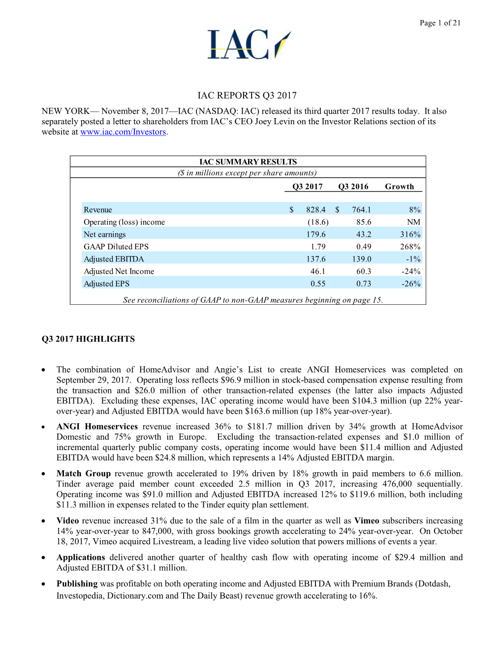 Earnings Release and the Related Investor Presentation Referenced Therein for Further Detail and Reconciliations