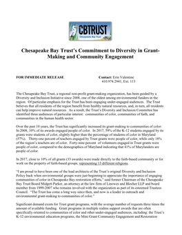 Chesapeake Bay Trust's Commitment to Diversity in Grant- Making And