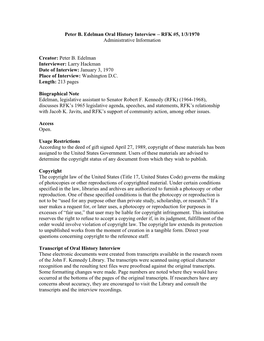 Peter B. Edelman Interviewer: Larry Hackman Date of Interview: January 3, 1970 Place of Interview: Washington D.C