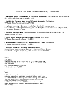 Cfa in the News ~ Week Ending 1 February 2009