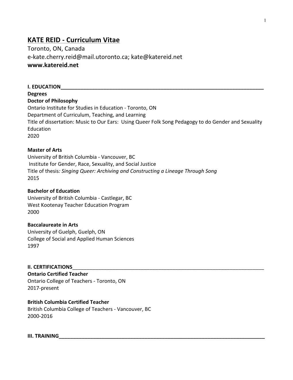 Curriculum Vitae Toronto, ON, Canada E-Kate.Cherry.Reid@Mail.Utoronto ...