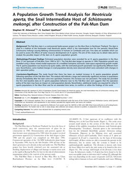 A Population Growth Trend Analysis for Neotricula Aperta, the Snail Intermediate Host of Schistosoma Mekongi, After Construction of the Pak-Mun Dam