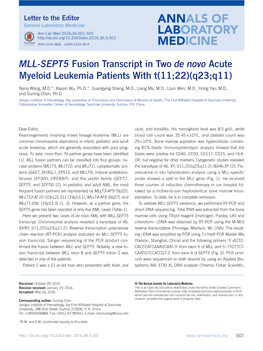 MLL-SEPT5 Fusion Transcript in Two De Novo Acute Myeloid Leukemia Patients with T(11;22)(Q23;Q11)