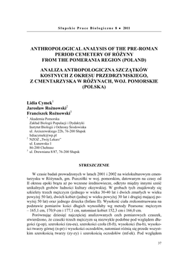 Anthropological Analysis of the Pre-Roman Period Cemetery of Różyny from the Pomerania Region