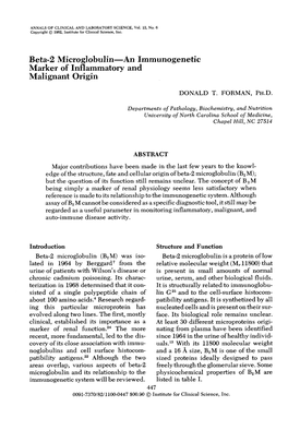 Beta-2 Microglobulin—An Immunogenetic Marker of Inflammatory and Malignant Origin DONALD T