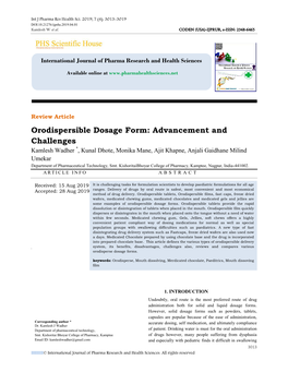 Orodispersible Dosage Form: Advancement and Challenges