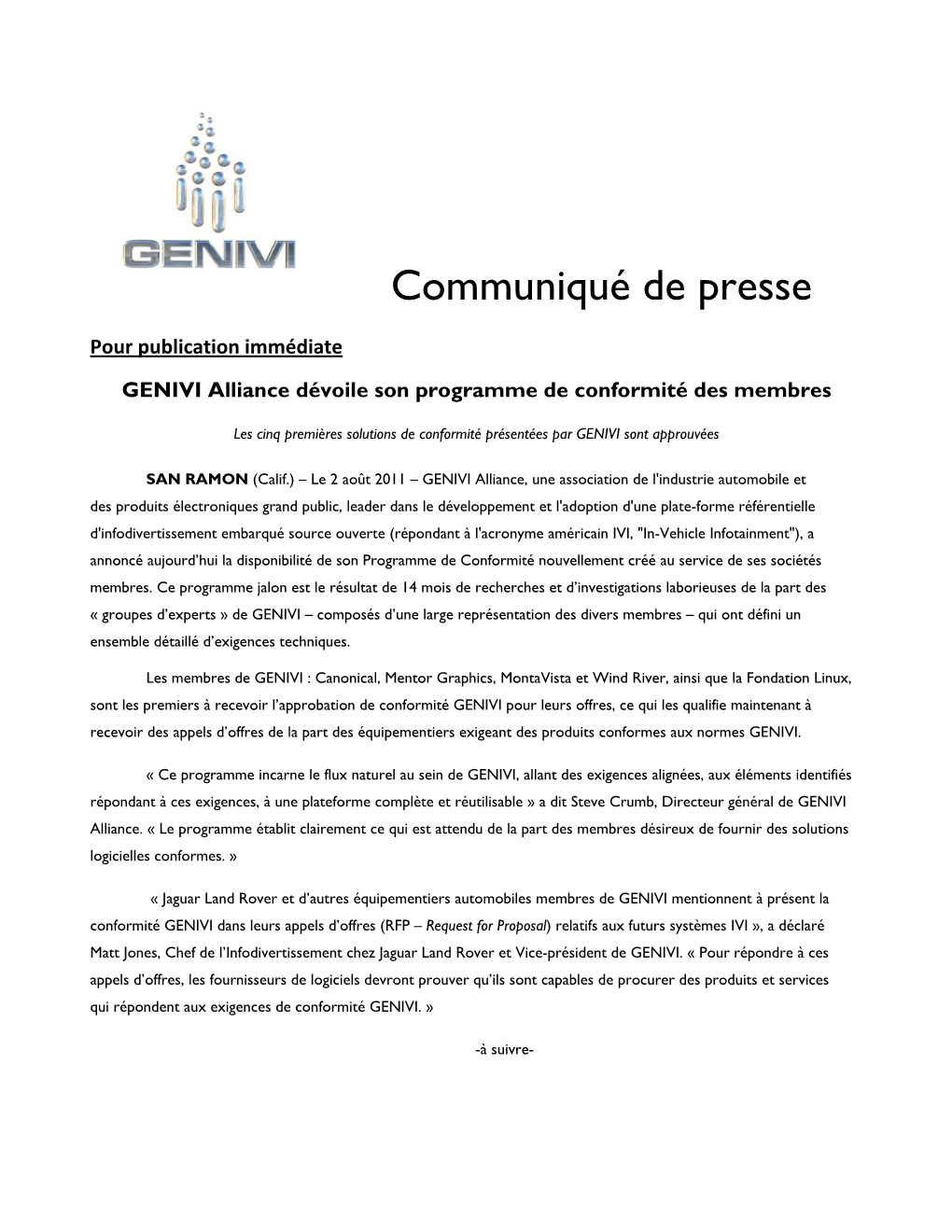 Communiqué De Presse