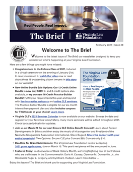 Welcome to the Brief Welcome to the Latest Issue of the Brief, Our Newsletter Designed to Keep You Updated on What’S Happening at Your Virginia Law Foundation