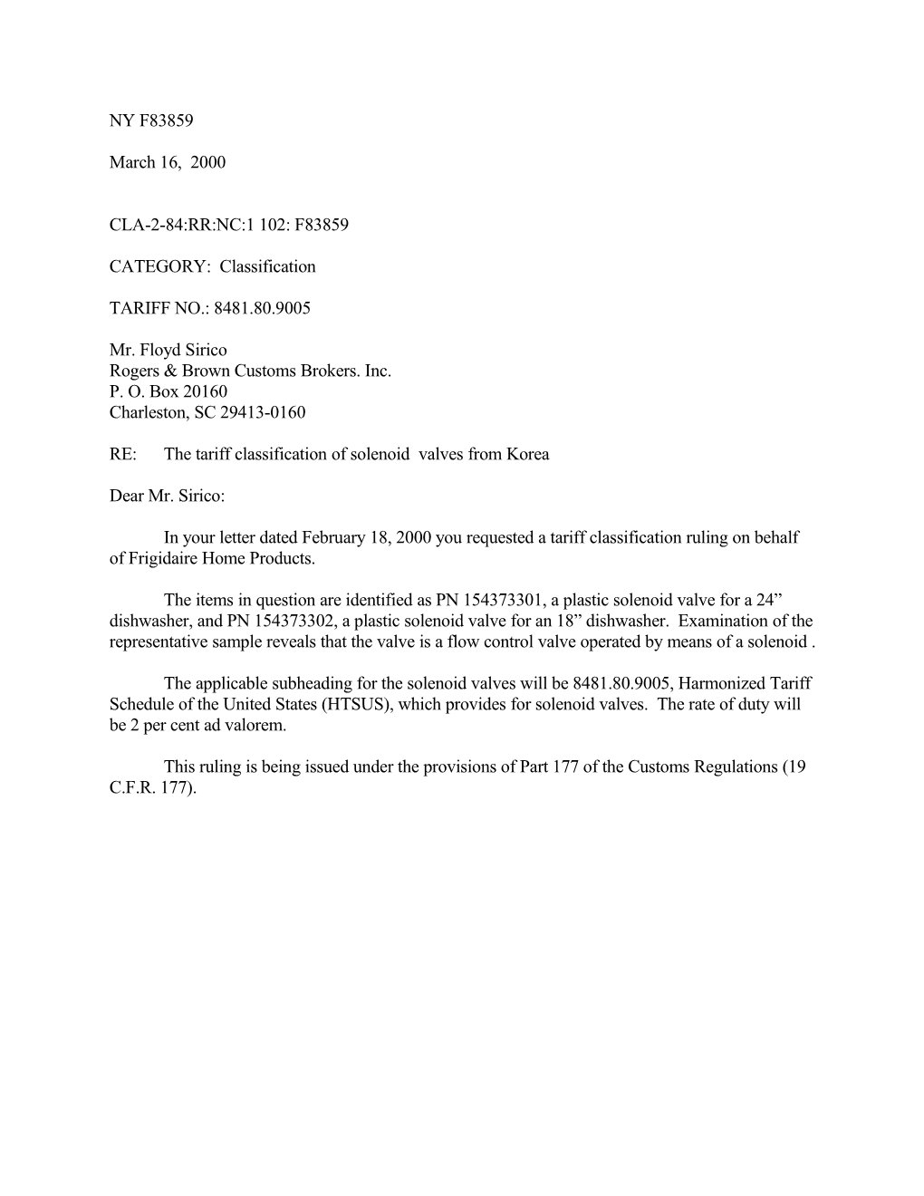 RE: the Tariff Classification of Solenoid Valves from Korea