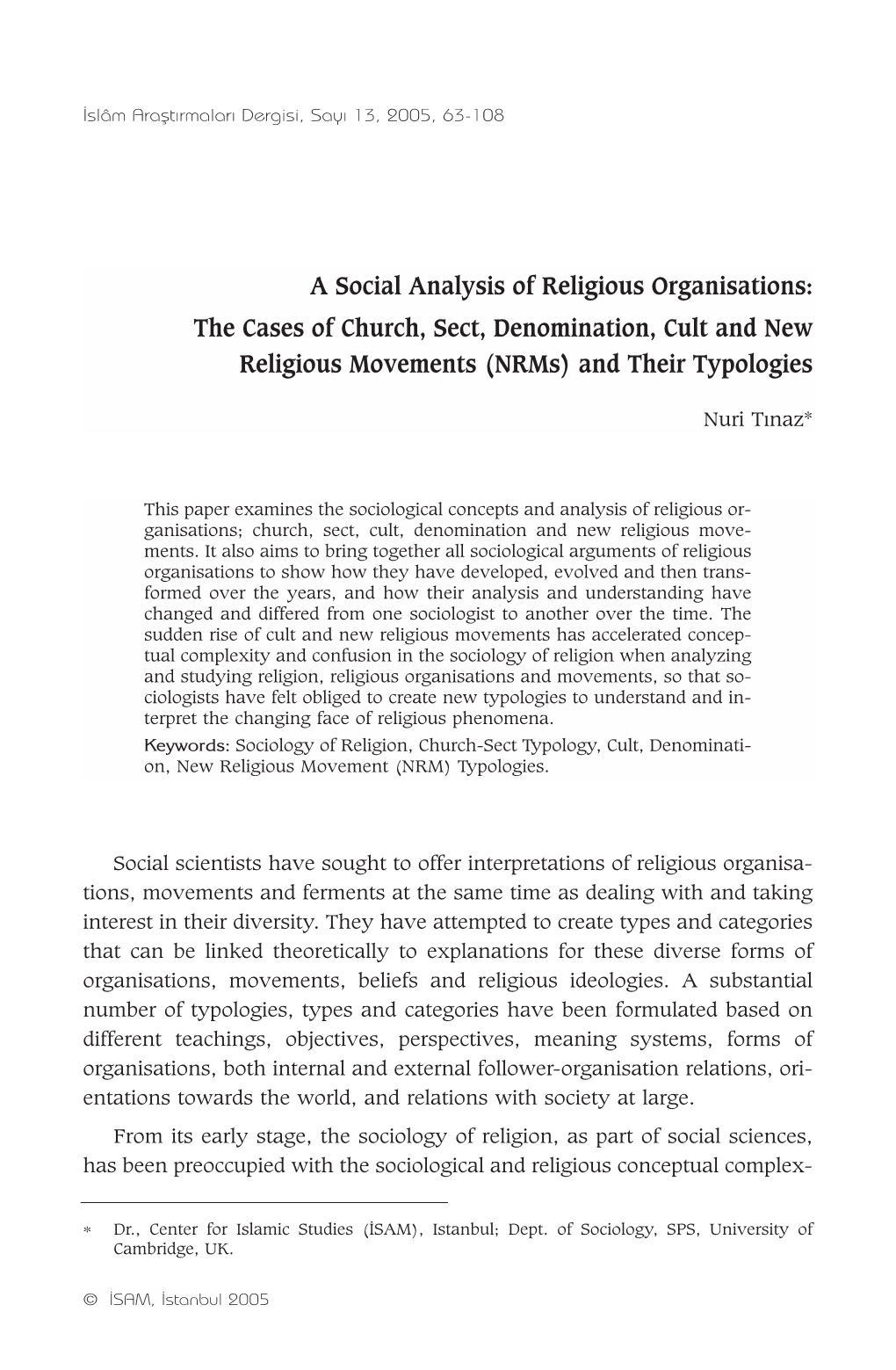 The Cases of Church, Sect, Denomination, Cult and New Religious Movements (Nrms) and Their Typologies