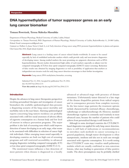 DNA Hypermethylation of Tumor Suppressor Genes As an Early Lung Cancer Biomarker