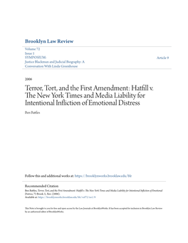 Terror, Tort, and the First Amendment: Hatfill V. the New York Times and Media Liability for Intentional Infliction of Emotional Distress, 72 Brook