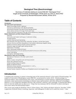 Geological Time (Geochronology) Summary of Materials Relating to Course ESS 461 ”Geological Time” Taught at the University of Washington, Winter 2010, by John O