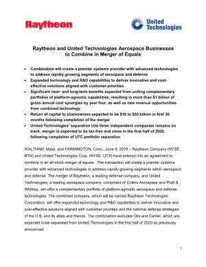 Raytheon and United Technologies Aerospace Businesses to Combine in Merger of Equals