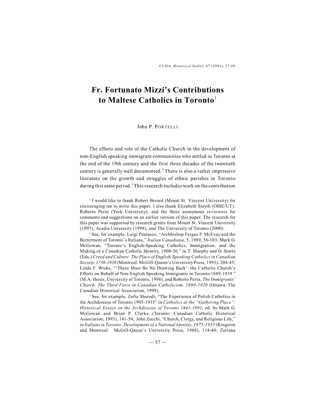 Fr. Fortunato Mizzi's Contributions to Maltese Catholics in Toronto1