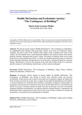 Medbh Mcguckian and Ecofeminist Anxiety: “The Contingency of Befalling”1