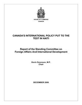 CANADA's INTERNATIONAL POLICY PUT to the TEST in HAITI Report