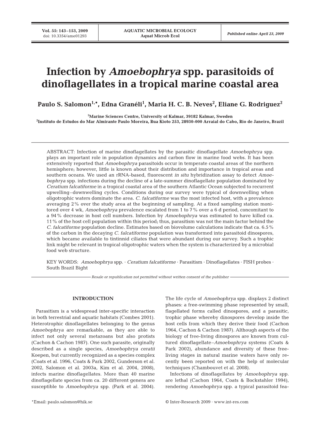 Infection by Amoebophrya Spp. Parasitoids of Dinoflagellates in a Tropical Marine Coastal Area