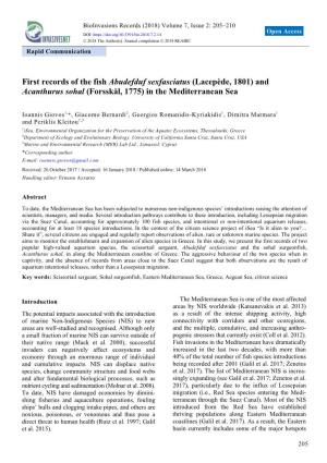 First Records of the Fish Abudefduf Sexfasciatus (Lacepède, 1801) and Acanthurus Sohal (Forsskål, 1775) in the Mediterranean Sea