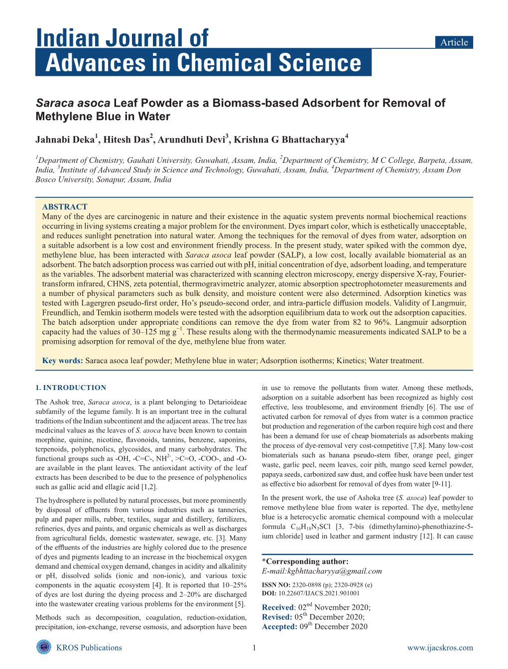 Saraca Asoca Leaf Powder As a Biomass-Based Adsorbent for Removal of Methylene Blue in Water