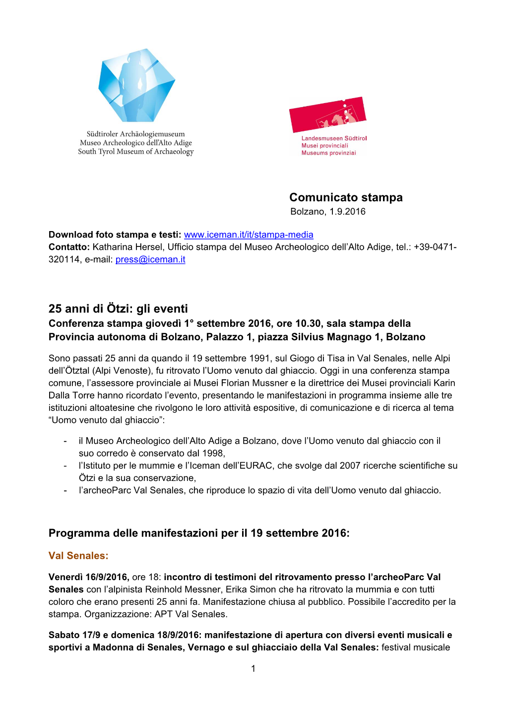 Comunicato Stampa 25 Anni Di Ötzi: Gli Eventi