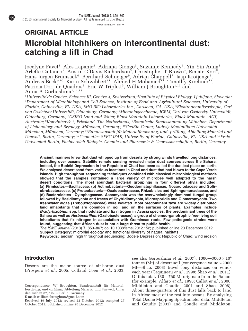 Microbial Hitchhikers on Intercontinental Dust: Catching a Lift in Chad