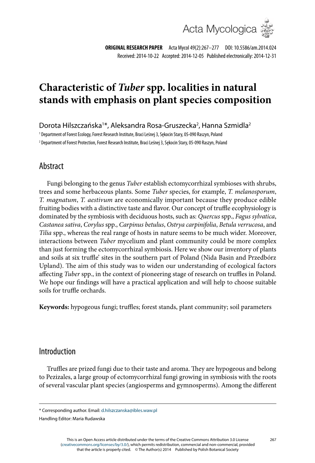 Characteristic of Tuber Spp. Localities in Natural Stands with Emphasis on Plant Species Composition