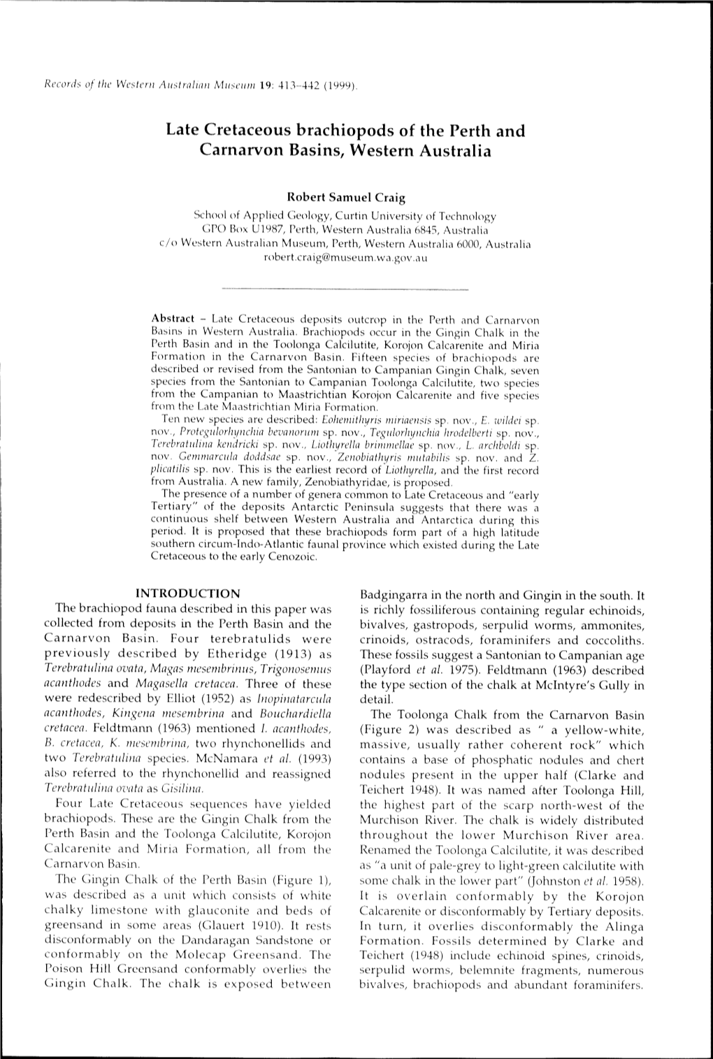 Late Cretaceous Brachiopods of the Perth and Carnarvon Basins, Western Australia