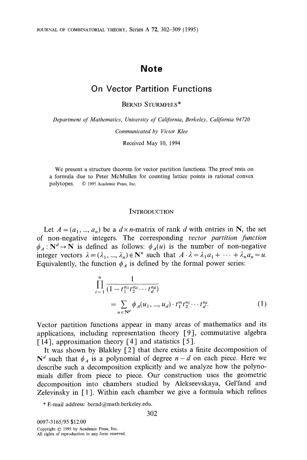 Note on Vector Partition Functions