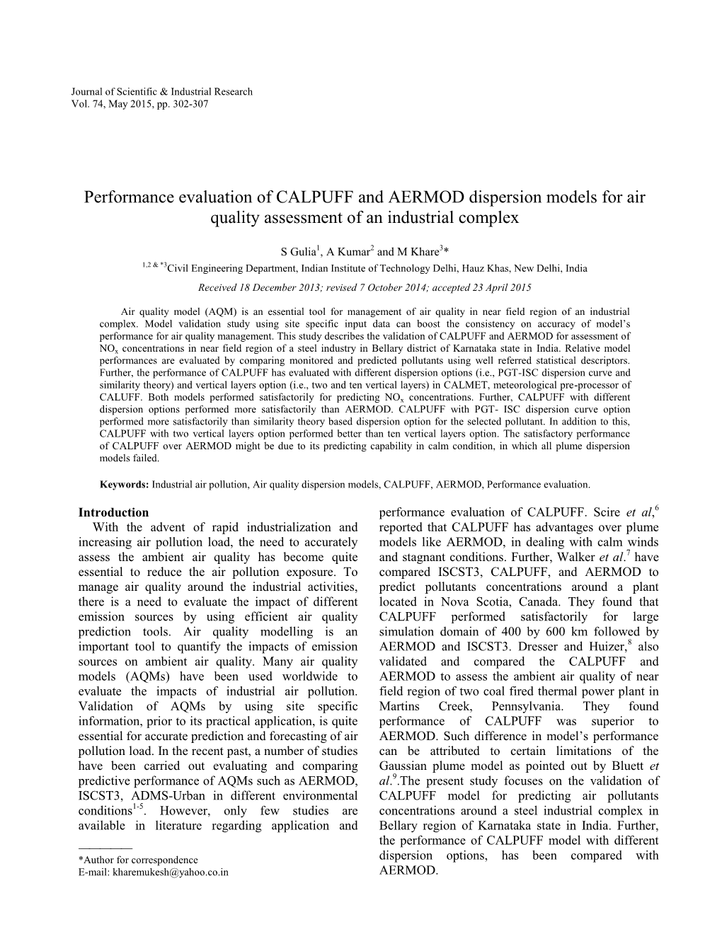 Performance Evaluation of CALPUFF and AERMOD Dispersion Models for Air Quality Assessment of an Industrial Complex