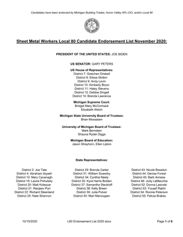Sheet Metal Workers Local 80 Candidate Endorsement List November 2020