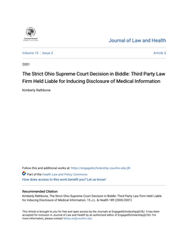 The Strict Ohio Supreme Court Decision in Biddle: Third Party Law Firm Held Liable for Inducing Disclosure of Medical Information